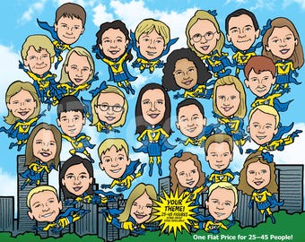 Teacher Class Caricature (25–45 People) Superhero Classroom Portrait, End of Year Teacher or Student Gift, Large Group Cartoon Illustration