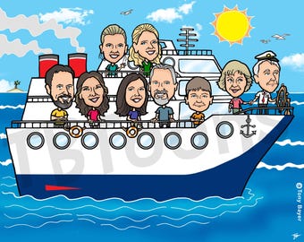 Custom Caricature Portrait 8-16ppl Personalized Group Cartoon Drawing, Digital Illustration from Photo for Family Friend Birthday Retirement