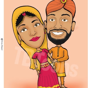 K&ouml;nnte beinhalten: Eine Cartoon-Illustration eines Paares in traditioneller indischer Hochzeitskleidung. Die Frau tr&auml;gt ein gelbes Kopftuch, ein rot-gelbes Kleid und goldenen Schmuck. Der Mann tr&auml;gt einen Turban, ein gelbes Hemd und einen Bart.