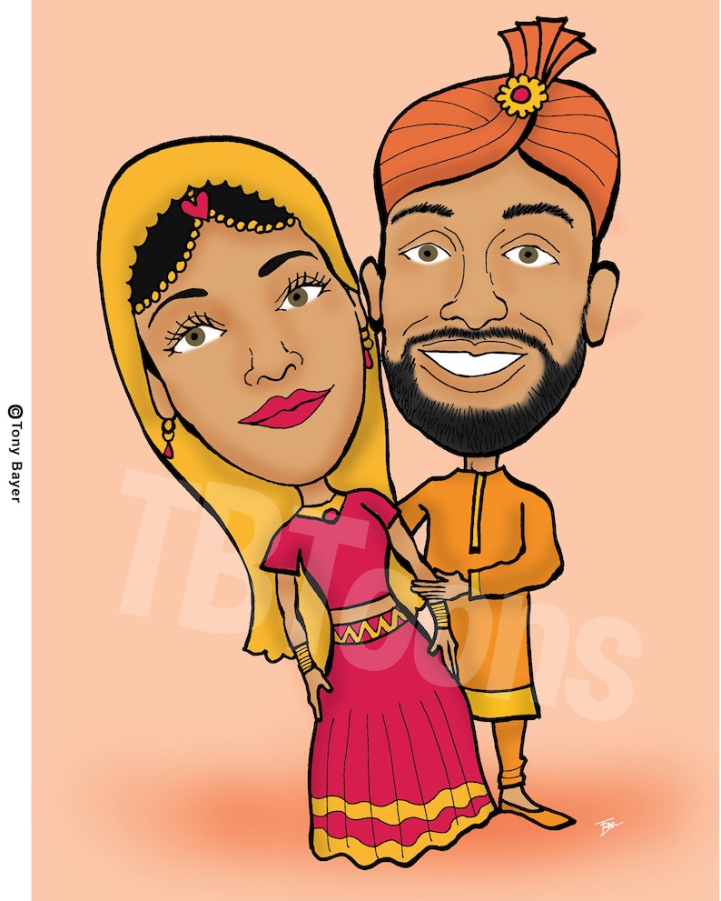K&ouml;nnte beinhalten: Eine Cartoon-Illustration eines Paares in traditioneller indischer Hochzeitskleidung. Die Frau tr&auml;gt ein gelbes Kopftuch, ein rot-gelbes Kleid und goldenen Schmuck. Der Mann tr&auml;gt einen Turban, ein gelbes Hemd und einen Bart.
