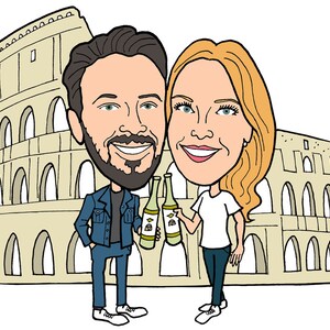 K&ouml;nnte beinhalten: Eine Cartoon-Illustration eines Paares vor dem Kolosseum in Rom, Italien. Sie l&auml;cheln beide und halten Weingl&auml;ser in der Hand.
