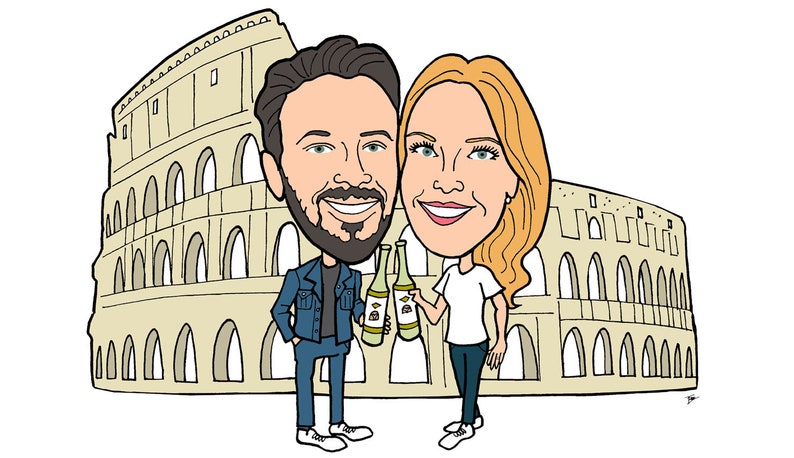 K&ouml;nnte beinhalten: Eine Cartoon-Illustration eines Paares vor dem Kolosseum in Rom, Italien. Sie l&auml;cheln beide und halten Weingl&auml;ser in der Hand.