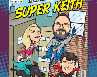 Custom Comic Book Cover Cartoon Portrait, Superhero Caricature Drawing From Photo, Personalized Family Couple Team Comic Art Gift
