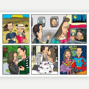 May include: A six-panel cartoon illustration depicting a couple in various settings. Scenes include a couple in a landscape, on a plane, and at a wedding. The final panel shows the couple as superheroes with a dog.