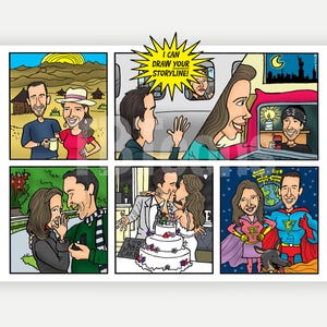 Personalized Comic Strip Drawing - Custom Cartoon Caricature, Story Illustration, Graphic Novel Style - How We Met, Etc. Up to 5 Panels!
