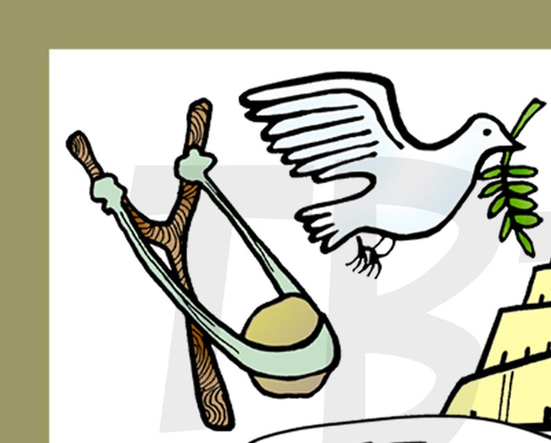 May include: A cartoon illustration of a slingshot, a dove with an olive branch, and a building. The dove is white with black eyes and beak. The olive branch is green. The slingshot is made of brown wood and has a green strap. The building is yellow and has a brown roof.