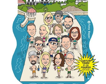 Custom Group Caricature Portrait Drawing (8-16 ppl), Funny Personalized Digital Cartoon Illustration from Photo for Family Friend Coworker