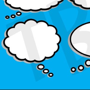 May include: Three white thought bubbles with black outlines on a blue background. The bubbles are in different shapes and sizes. There are also small black dots around the bubbles.