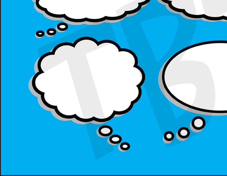 May include: Three white thought bubbles with black outlines on a blue background. The bubbles are in different shapes and sizes. There are also small black dots around the bubbles.