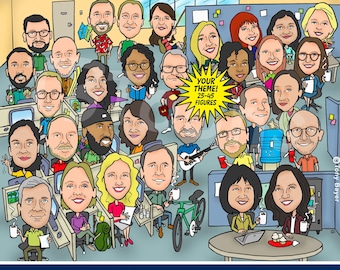 Large GROUP CARICATURE (25–45 People) Funny Cartoon Office Leaving or Retirement Drawing, Custom Team, Class or Family Portrait Illustration