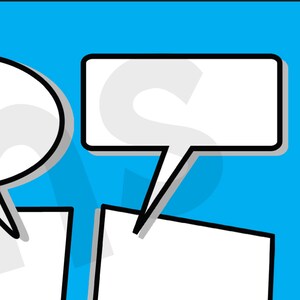 May include: Two white speech bubbles with black outlines on a blue background. The speech bubbles are empty.