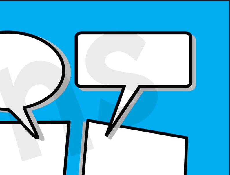 May include: Two white speech bubbles with black outlines on a blue background. The speech bubbles are empty.