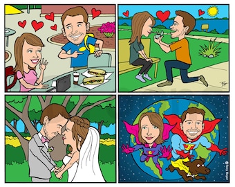 Personalized Comic Strip Drawing - Custom Cartoon Caricature, Story Illustration, Graphic Novel Style - How We Met, Etc. Up to 5 Panels!