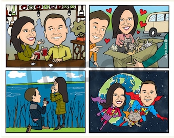 Personalized Comic Strip Drawing - Custom Cartoon Caricature, Story Illustration, Graphic Novel Style - How We Met, Etc. Up to 5 Panels!