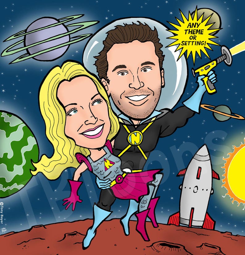 romantic custom personalized fantasy wedding themed couple caricature portrait drawing illustration