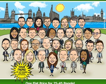 Large GROUP CARICATURE (25–45 People) Funny Cartoon Office Leaving or Retirement Drawing, Custom Team, Class or Family Portrait Illustration