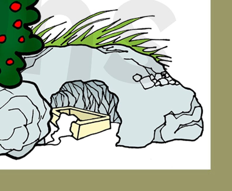 May include: A hand-drawn illustration of a cave opening with a stone box inside. The cave is surrounded by green grass and a red berry bush.