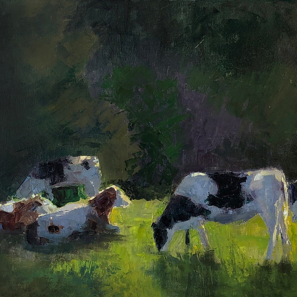 Oil painting of cows in pasture