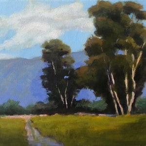 Oil Painting of Path to Eucalyptus Trees and Mountains