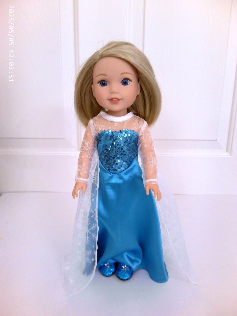 May include: A doll with blonde hair and blue eyes wearing a blue satin dress with a sequined bodice and a sheer, snowflake-patterned cape. The doll is also wearing blue shoes. The doll is standing in front of a white door.