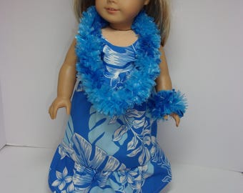 Blue floral mumu with lei, head band and wristband, fits most 18" dolls