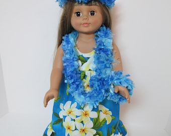 Blue print muu muu with lei, wrist band and headband, fits American Girl and most 18" dolls