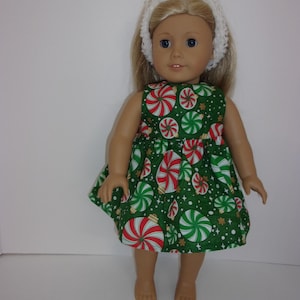 Pretty green print cotton Christmas dress.  Fits AMERICAN GIRL and similar 18&quot; dolls.