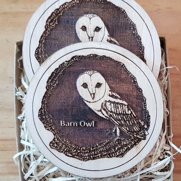 2 x Barn Owl Design Round Coasters (with magnetic feet) Birch Plywood (FSC certified), designed by Azhdela & made in Cumbria UK