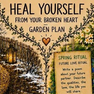 May include: A printed garden plan titled HEAL YOURSELF FROM YOUR BROKEN HEART GARDEN PLAN. The illustration features a winter scene with a lantern on the left and a blooming spring garden on the right, separated by a heart and text for a Spring Ritual.