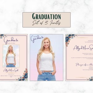 Rosa suave personalizada con flores azules 2023 Anuncio de graduación - Juego de 3 - Plantilla - Personalizada - Digital - Retrato - Invitación 4x6 o 5x7
