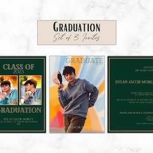 Anuncio de graduación de Custom Hunter Green & Gold 2023 - Conjunto de 3 - Plantilla - Personalizado - Digital - Retrato - Invitación 4x6 o 5x7