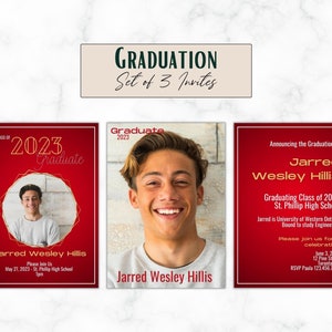 Custom School Colors Red & Gold 2023 Grad Announcement - Set of 3 - Template - Personalized - Digital - Portrait - 4x6 or 5x7 Party Invite