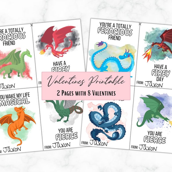 Magical Fire Breathing Dragon Valentine's Day Cards - Set of 8 - Instant Download - Printable - Editable - High Resolution