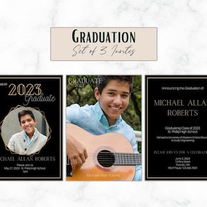 Custom School Colors Black & White 2023 Grad Announcement - Set von 3 - Vorlage - Personalisiert - Digital - Portrait - 4x6 oder 5x7 Invite