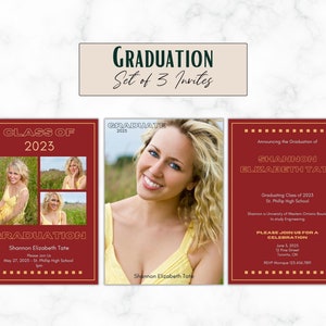 Custom School Colors Burgundy & Gold 2023 Grad Anuncio - Juego de 3 - Plantilla - Personalizado - Digital - Retrato - Invitación 4x6 o 5x7
