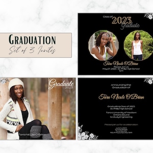 Benutzerdefinierte Schwarz-Weiß Floral 2023 Grad Announcement - 3er Set - Vorlage - Personalisiert - Digital - Querformat - 4x6 oder 5x7 Party Invite