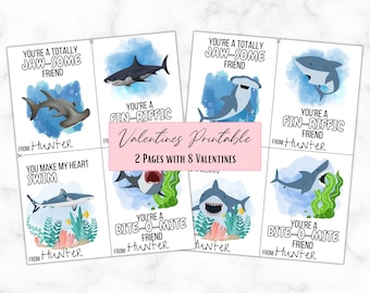 Sharks Valentine's Day Cards - Set of 8 - Instant Download - Printable - Editable - High Resolution