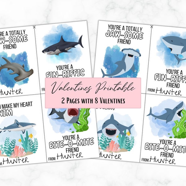 Sharks Valentine's Day Cards - Set of 8 - Instant Download - Printable - Editable - High Resolution