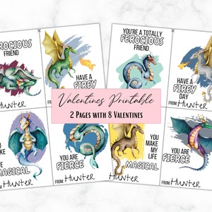 火を吐くドラゴンのバレンタインデー カード - 8 枚セット - 即時ダウンロード - 印刷可能 - 編集可能 - 高解像度