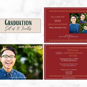 Custom School Colors Burgund & Gold 2023 Grad Announcement - Set von 3 - Vorlage - Personalisiert - Digital - Querformat - 4x6 oder 5x7 Invite
