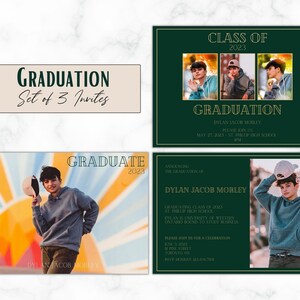 Anuncio personalizado de Hunter Green & Gold 2023 Grad - Juego de 3 - Plantilla - Personalizado - Digital - Paisaje - Invitación 4x6 o 5x7