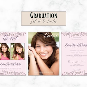 Invitación personalizada de lavanda femenina floral 2023 Grad - Juego de 3 - Plantilla - Personalizada - Digital - Retrato - 4x6 o 5x7