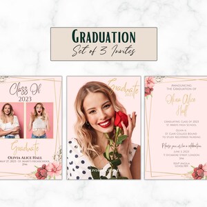 Anuncio de graduación personalizado rosa y oro 2023 - Juego de 3 - Plantilla - Personalizado - Digital - Retrato - Invitación 4x6 o 5x7