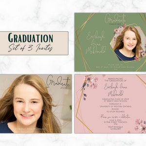 Invitación personalizada de verde oliva y rosa rosa 2023 Grad - Juego de 3 - Plantilla - Personalizada - Digital - Paisaje - 4x6 o 5x7