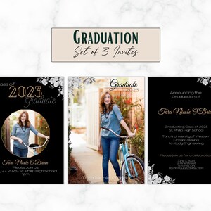 Anuncio de graduación 2023 floral en blanco y negro personalizado - Juego de 3 - Plantilla - Personalizado - Digital - Retrato - Invitación de fiesta 4x6 o 5x7