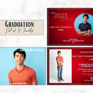 Custom School Colors Red & Gold 2023 Grad Announcement - Set van 3 - Sjabloon - Gepersonaliseerd - Digitaal - Landschap - 4x6 of 5x7 Uitnodigen