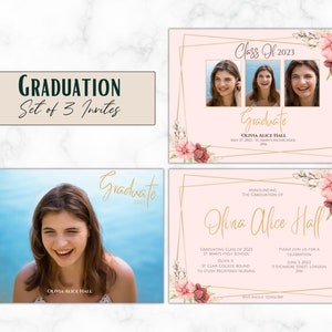 Personalisierte Pink & Gold 2023 Grad Ankündigung - 3er Set - Vorlage - Personalisiert - Digital - Querformat - 4x6 oder 5x7 Einladung