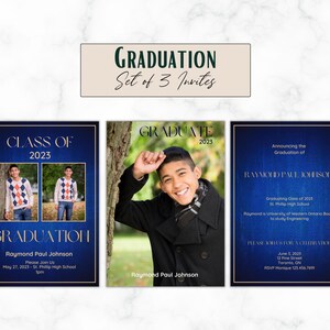 Schulfarben Blau & Gold 2023 - 3er Set - Vorlage - Personalisiert - Digital - Portrait - 4x6 oder 5x7 Einladung