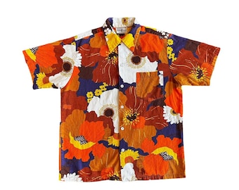 60s Hukilau Barkcloth Hawaiian Button Up - L