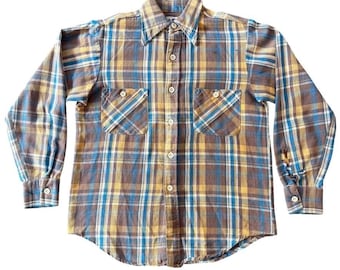 Vintage 60s Chandler Blue Black White Plaid Cotton Flannel Shirt